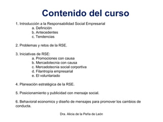 Dra. Alicia de la Peña de León
Contenido del curso
1. Introducción a la Responsabilidad Social Empresarial
a. Definición
b. Antecedentes
c. Tendencias
2. Problemas y retos de la RSE.
3. Iniciativas de RSE:
a. Promociones con causa
b. Mercadotecnia con causa
c. Mercadotecnia social corportiva
d. Filantropía empresarial
e. El voluntariado
4. Planeación estratégica de la RSE.
5. Posicionamiento y publicidad con mensaje social.
6. Behavioral economics y diseño de mensajes para promover los cambios de
conducta.
 