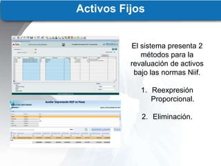 Activos Fijos
El sistema presenta 2
métodos para la
revaluación de activos
bajo las normas Niif.
1. Reexpresión
Proporcional.
2. Eliminación.
 