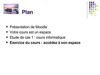 Plan  Présentation de Moodle  Votre cours est un espace Etude de cas 1 : cours informatique Exercice du cours : accédez à son espace 