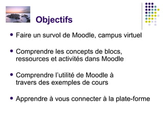 Objectifs Faire un survol de Moodle, campus virtuel Comprendre les concepts de blocs, ressources et activités dans Moodle Comprendre l’utilité de Moodle à  travers des exemples de cours Apprendre à vous connecter à la plate-forme  
