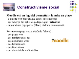 Constructivisme social Moodle est un logiciel permettant la mise en place   - d’un site web pour chaque cours  ( ressources ) - qui héberge des activités pédagogiques ( activités ) - autour d’une page portal ( blocs ) et d’une communauté Ressources  (page web et dépôt de fichiers) :   - des pages web - des fichiers texte, pdf - des documents word  - des fichiers sons - des films video - des didacticiels  multimedias 