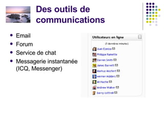 Des outils de communications Email Forum Service de chat Messagerie instantanée (ICQ, Messenger) 