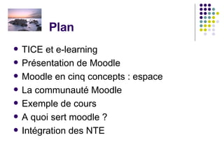 Plan  TICE et e-learning Présentation de Moodle Moodle en cinq concepts : espace La communauté Moodle Exemple de cours A quoi sert moodle ? Intégration des NTE  