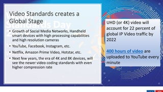Video Standards creates a
Global Stage
• Growth of Social Media Networks, Handheld
smart devices with high processing capabilities
and high resolution cameras
• YouTube, Facebook, Instagram, etc.
• Netflix, Amazon Prime Video, Hotstar, etc.
• Next few years, the era of 4K and 8K devices, will
see the newer video coding standards with even
higher compression rate
UHD (or 4K) video will
account for 22 percent of
global IP Video traffic by
2022
400 hours of video are
uploaded to YouTube every
minute
 