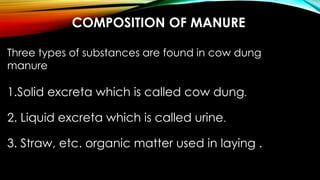 COMPOSITION OF MANURE
Three types of substances are found in cow dung
manure
1.Solid excreta which is called cow dung.
2. ...