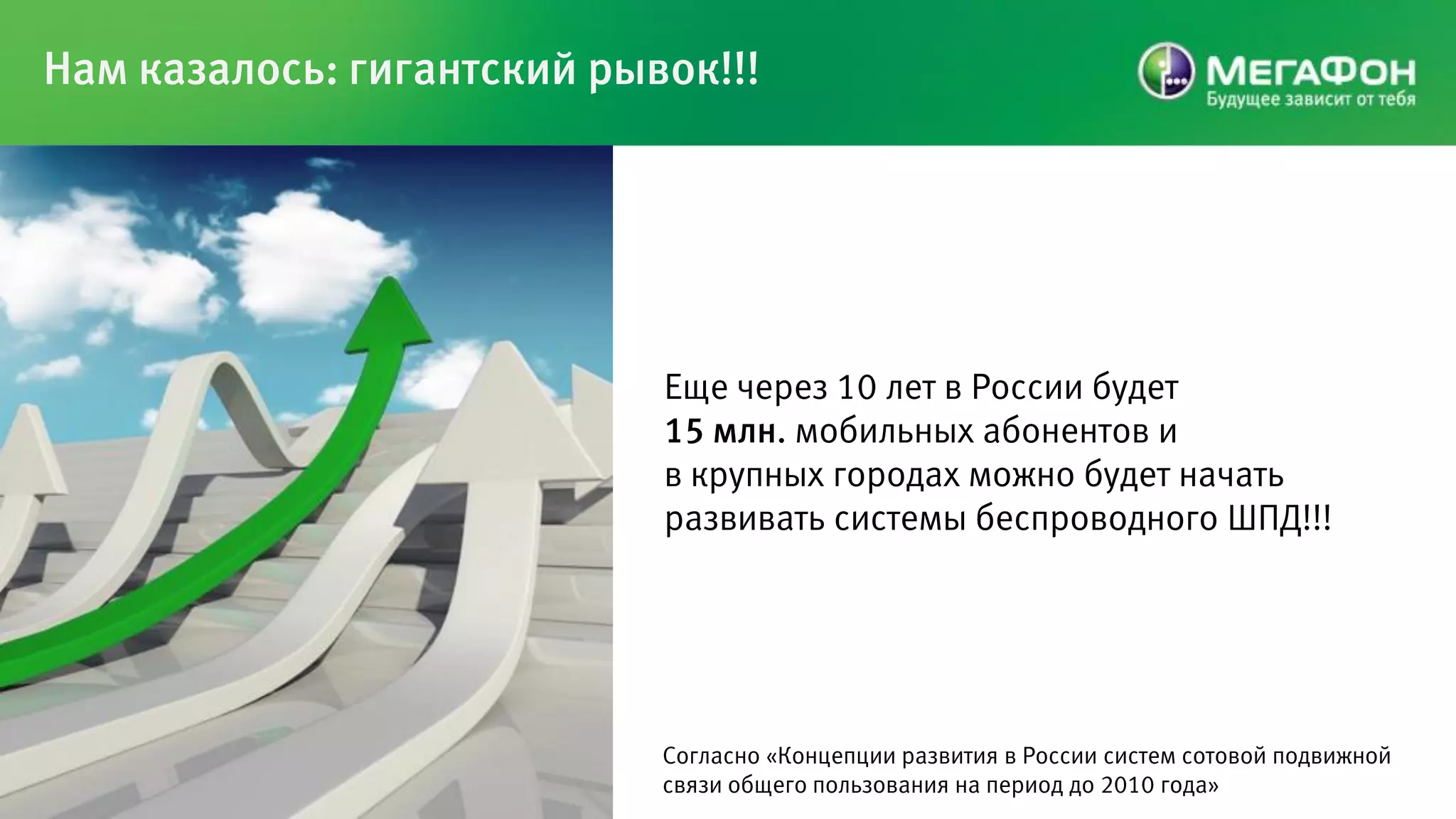Нам казалось: гигантский рывок!!!




                            Еще через 10 лет в России будет
                            15 млн. мобильных абонентов и
                            в крупных городах можно будет начать
                            развивать системы беспроводного ШПД!!!




                            Согласно «Концепции развития в России систем сотовой подвижной
                            связи общего пользования на период до 2010 года»
 