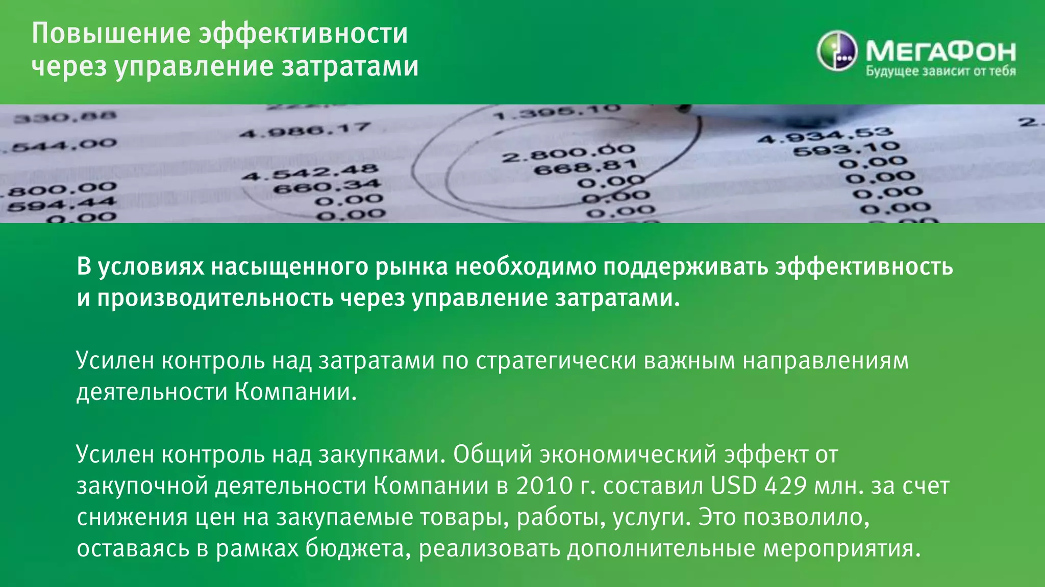 Повышение эффективности
через управление затратами




   В условиях насыщенного рынка необходимо поддерживать эффективность
   и производительность через управление затратами.

   Усилен контроль над затратами по стратегически важным направлениям
   деятельности Компании.

   Усилен контроль над закупками. Общий экономический эффект от
   закупочной деятельности Компании в 2010 г. составил USD 429 млн. за счет
   снижения цен на закупаемые товары, работы, услуги. Это позволило,
   оставаясь в рамках бюджета, реализовать дополнительные мероприятия.
 