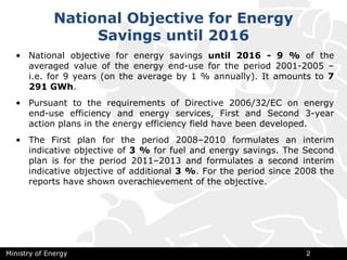 National Objective for Energy
Savings until 2016
Ministry of Energy 2
• National objective for energy savings until 2016 - 9 % of the
averaged value of the energy end-use for the period 2001-2005 –
i.e. for 9 years (on the average by 1 % annually). It amounts to 7
291 GWh.
• Pursuant to the requirements of Directive 2006/32/EC on energy
end-use efficiency and energy services, First and Second 3-year
action plans in the energy efficiency field have been developed.
• The First plan for the period 2008–2010 formulates an interim
indicative objective of 3 % for fuel and energy savings. The Second
plan is for the period 2011–2013 and formulates a second interim
indicative objective of additional 3 %. For the period since 2008 the
reports have shown overachievement of the objective.
 