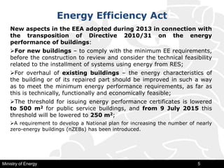 Energy Efficiency Act
Ministry of Energy 5
New aspects in the EEA adopted during 2013 in connection with
the transposition of Directive 2010/31 on the energy
performance of buildings:
For new buildings – to comply with the minimum EE requirements,
before the construction to review and consider the technical feasibility
related to the installment of systems using energy from RES;
For overhaul of existing buildings – the energy characteristics of
the building or of its repaired part should be improved in such a way
as to meet the minimum energy performance requirements, as far as
this is technically, functionally and economically feasible;
The threshold for issuing energy performance certificates is lowered
to 500 m2 for public service buildings, and from 9 July 2015 this
threshold will be lowered to 250 m2;
A requirement to develop a National plan for increasing the number of nearly
zero-energy buildings (nZEBs) has been introduced.
 