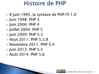 8 juin 1995, la syntaxe de PHP/FI 1.0 
Juin 1998: PHP 3 
Juin 2000: PHP 4 
Juillet 2004: PHP 5 
Juin 2009: PHP 5.3 
Aout 2011: PHP 5.3.8 
Novembre 2011: PHP 5.4 
Juin 2013: PHP 5.5 
Août 2014: PHP 5.6 
LightPath 2014© - http://www.jmrenouard.fr 
11  