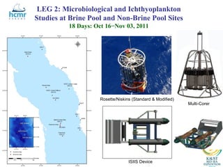 LEG 2: Microbiological and Ichthyoplankton
Studies at Brine Pool and Non-Brine Pool Sites
          18 Days: Oct 16−Nov 03, 2011




                    Rosette/Niskins (Standard & Modified)
                                                            Multi-Corer




                                  ISIIS Device
 