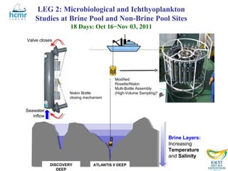 LEG 2: Microbiological and Ichthyoplankton
    Studies at Brine Pool and Non-Brine Pool Sites
                    18 Days: Oct 16−Nov 03, 2011

Valve closes




                                         Modified
                                         Rosette/Niskin
                                         Multi-Bottle Assembly
                   Niskin Bottle         (High-Volume Sampling)*
                   closing mechanism


Seawater
   inflow



                                                                   Brine Layers:
                                                                   Increasing
                                                                   Temperature
                                                                   and Salinity
            DISCOVERY          ATLANTIS II DEEP
               DEEP
 