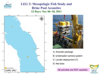 LEG 3: Mesopelagic Fish Study and
      Brine Pool Acoustics
      12 Days: Nov 06−18, 2011




                       A. Acoustic package
                       B. Underwater camera system
                       C. Lander deployment (?)
                       D. Net tows

                           All activities are ROV assisted.
 