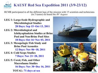 KAUST Red Sea Expedition 2011 (3/9-23/12)
HCMR participated in all the different legs of the mission with 15 scientists and technicians
                           (in 5 teams) on board the RV Aegaeo

LEG 1: Large-Scale Hydrographic and
       Microbiological Studies
        28 Days: Sep 15−Oct 13, 2011
LEG 2: Microbiological and
       Ichthyoplankton Studies at Brine
       Pool and Non-Brine Pool Sites
        18 Days: Oct 16−Nov 03, 2011
LEG 3: Mesopelagic Fish Study and
       Brine Pool Acoustics
        12 Days: Nov 06−18, 2011
LEG 4: Cold Seeps Studies
        7 Days: Nov 21−28, 2011
LEG 5: Coral, Fish, and Other
       Macrofauna Studies
        16 Days: Nov 30−Dec 16, 2011
      TOTAL: 71 days at sea                                                       R/V Aegaeo
 