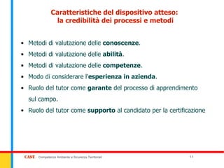 Caratteristiche del dispositivo atteso:
               la credibilità dei processi e metodi


• Metodi di valutazione delle conoscenze.
• Metodi di valutazione delle abilità.
• Metodi di valutazione delle competenze.
• Modo di considerare l'esperienza in azienda.
• Ruolo del tutor come garante del processo di apprendimento
  sul campo.
• Ruolo del tutor come supporto al candidato per la certificazione




      Competenze Ambiente e Sicurezza Territoriali          11
 