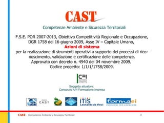 Competenze Ambiente e Sicurezza Territoriali

F.S.E. POR 2007-2013, Obiettivo Competitività Regionale e Occupazione,
        DGR 1758 del 16 giugno 2009, Asse IV – Capitale Umano,
                            Azioni di sistema
per la realizzazione di strumenti operativi a supporto dei processi di rico-
        noscimento, validazione e certificazione delle competenze.
         Approvato con decreto n. 4940 del 04 novembre 2009.
                    Codice progetto: 1/1/1/1758/2009.



                                           Soggetto attuatore:
                                    Consorzio API Formazione Impresa




       Competenze Ambiente e Sicurezza Territoriali                    3
 