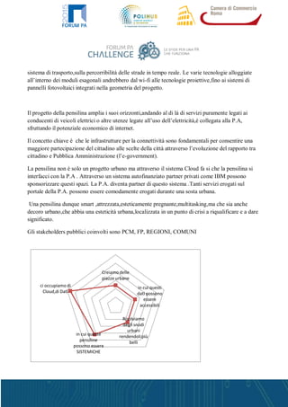 Creiamo delle
piazzeurbane
in cui questi
dati possono
essere
accessibili
Risolviamo
degli snodi
urbani
rendendolipiù
belli
in cui queste
pensiline
possono essere
SISTEMICHE
ci occupiamo di
Cloud,di Dati
sistema di trasporto,sulla percorribilità delle strade in tempo reale. Le varie tecnologie alloggiate
all’interno dei moduli esagonali andrebbero dal wi-fi alle tecnologie proiettive,fino ai sistemi di
pannelli fotovoltaici integrati nella geometria del progetto.
Il progetto della pensilina amplia i suoi orizzonti,andando al di là di servizi puramente legati ai
conducenti di veicoli elettrici o altre utenze legate all’uso dell’elettricità,é collegata alla P.A,
sfruttando il potenziale economico di internet.
Il concetto chiave è che le infrastrutture per la connettività sono fondamentali per consentire una
maggiore partecipazione del cittadino alle scelte della città attraverso l’evoluzione del rapporto tra
cittadino e Pubblica Amministrazione (l’e-government).
La pensilina non è solo un progetto urbano ma attraverso il sistema Cloud fa si che la pensilina si
interfacci con la P.A . Attraverso un sistema autofinanziato partner privati come IBM possono
sponsorizzare questi spazi. La P.A. diventa partner di questo sistema .Tanti servizi erogati sul
portale della P.A. possono essere comodamente erogati durante una sosta urbana.
Una pensilina dunque smart ,attrezzata,esteticamente pregnante,multitasking,ma che sia anche
decoro urbano,che abbia una esteticità urbana,localizzata in un punto di crisi a riqualificare e a dare
significato.
Gli stakeholders pubblici coinvolti sono PCM, FP, REGIONI, COMUNI
 