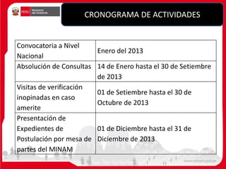 Convocatoria a Nivel
Nacional
Enero del 2013
Absolución de Consultas 14 de Enero hasta el 30 de Setiembre
de 2013
Visitas de verificación
inopinadas en caso
amerite
01 de Setiembre hasta el 30 de
Octubre de 2013
Presentación de
Expedientes de
Postulación por mesa de
partes del MINAM
01 de Diciembre hasta el 31 de
Diciembre de 2013
CRONOGRAMA DE ACTIVIDADES
 