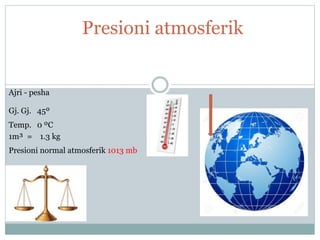 Presioni atmosferik
Ajri - pesha
Gj. Gj. 45º
Temp. 0 ºC
1m³ = 1.3 kg
Presioni normal atmosferik 1013 mb
 
