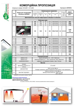КОМЕРЦІЙНА ПРОПОЗИЦІЯ
Корпорація «БИЛЮКС»
Україна, 61000, Харків

Актуально в період: 10.10.2011 - 31.11.2013

Найменування параметра
Код

Норма для типорозміру
обігрівача БІЛЮКС

Споживана
потужність,
(Вт)

Номінальна
потужність,
(Вт)

Частота,
(Гц)

Мережа, Розміри (ШхДхВ), Маса,
(В)
мм
кг

Висота
підвісу
мін., м
мах., м

ЄДИНА
РОЗДРІБНА
ЦІНА *

Довгохвильові стельові інфрачервоні обігрівачі тм Билюкс
Побутова серія
2
3
4

Б600
Б1000
Б1350

200

600

50

220

1050х165х45

4,5

2,0÷2,5

300

1000

50

220

1550х165х45

7,0

2,2÷3,0

400

1200

50

220

1550х165х45

7,0

2,5÷3,5

350

1200

50

220

1550х170х55

6,0

2,5÷3,0

(під
замовлення)

1790
1990
2490
2590

869
1099
1199

1399
5

Б1350 BIONIC
Промислова серія
6
7
8
9

П2000
П2400
П3000
П4000

700

2000

50

220

1550х300х53

11

3,0÷5,0

800

2400

50

220

1550х300х53

12

3,2÷5,0

200

3000

50

380

1550х440х53

16

2,0÷10

200

4000

50

380

1550х440х53

18

2,0÷20

Вулична серія
10
11

У4000 (4,2/380)
У6000 (5,7/380)

2100

4200

50

380

1930х320х80

15

4,0÷6,0

2850

5700

50

380

1930х320х80

15

4,0÷8,0

750

1500

50

220

1545х120х80

5

2,5÷3,0

1000

2000

50

220

1930х120х80

7

3,0÷3,5

2990
3290

13

У1500 (1,5/220)
У2000 (2,0/220)

14

Сітка захиснаУ4000/У6000

15

EBERLE 6163

механічний біметал +5 ... +30 С, Німеччина

16

EBERLE 6121

механічний біметал +5 ... +30 С, Кнопка вкл / викл, Німеччина

17

EUROSTER ПРОГР.

цифровий, програмований тиждень / день, Польща

18

ПРОЕКТ
(Докладний розрахунок по
об'єкту)

2,5 грн/м2

19

ШЕФ-МОНТАЖ

Запит на bilux.if@i.ua
(Телефон замовника, перелік обладнання, фото об'єкту, план приміщення)

20

МОНТАЖ "ПІД КЛЮЧ"

Прайс за запитом на bilux.if@i.ua
Бригада "Билюкс-Монтаж": (066) 3777-498
(097) 166-8311

12

1490
1690
600

Терморегулятори
360
330
790

Монтаж

* - роздрібна ціна єдина в межах України
Регіональне представництво:
м.Івано-Франківськ, вул.Тичини 8а
(096) 273-92-20 Роман Петрович
Всі права на ТМ Билюкс, BILUX, BIONIC і технологію довгохвильового опалення захищені ©

 