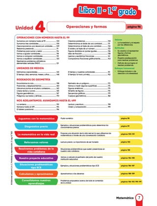••••••••••••••••••••••••••••••••••••••••••••••••••••••••••••••••••••••••••••••
• •
. ·----
•
Operaciones y formas
Unidad
•
•
••
• •
• •
••••••••••••••••••••••••••••••••••••••••••••••••••••••••••••••••••••••••••••••
páglna96
Valores
• La honestidad y el respeto
por las diferencias
Actitudes
• Es creativo al representar
figuras y formas
geométricas.
• Muestra predisposición
para resolver problemas.
• Disfruta de sus logros al
resolver problemas.
Enfoque transversal
• Enfoque inclusivo o de
atención a la diversidad
El tiempo y nuestras actividades 151
El tiempo: la hora y el reloj 152
Leemos y escribimos fracciones 141
Comparamos fracciones gróficamente 143
Idea de fracción 138
Creamos problemas 130
Determinamos el doble de una cantidad 131
Determinamos el triple de una cantidad 132
El doble y el triple de un número 133
Figuras divididas en partes iguales 136
El tiempo: días, semanas, meses y oños 148
UNIDADES DE MEDIDA
Restaroos prestarldo 111
Estin,,amos capacidades 145
Sumamos con números hasta el 99 103
Sumamos tres cantidades 106
Descomponemos una decena en unidades 109
OPERACIONES CON NÚMEROS HASTA EL 99
Problemas para sumar y restar 114
Vamos a Igualar cantidades 118
Vamos a comparar cantidades 119
Vamos a equilibrar cantidades 120
Resolvemos problemas aritméticos
elementales verbales (PAEV) 121
•••••••••••••••••••••••••••••••••••••••••••••••••••••••••••••••••••••••••••••••••••••••••••••••••••••••••••••••••••••••••••••••
• ••
RODEADOS DE GEOMETRÍA
Encontramos la ruta 158
Posiciones y desplazamientos 160
Ubicamos puntos en el plano cartesiano........•...•... 163
Peñmetro de un polfgono ln
Vamos a medir algunas superficies 174
Figuras simétricos 175
Lineas rectas y curvas 165 Simetría de figuras 176
Figuras geométricas •...•...•............................•...•...•.........•...167 Secuencias gráficas 179
Polígonos, sus lados y vértices...................................•... 170 Cuerpos geométricos 182
NOS ADELANTAMOS: AVANZAMOS HASTA EL 499
La centena 192
Números hasta el 499 194
El tablero posicional················································-········· 196
Lectura y escritura 198
Orden y comparación 199
• •
• •
······-······-·········-·············-·························································································
Juguemos con la matemática Puz/e numérico póglna 98
Diagnóstico previo
Ejemplos y situaciones problemóticas para determinar los
conocimientos previos
póglna 99
póginas 156-157; 190-191
páginas 100-101
póglnas 186-187
póginas 188-189
póglna 155
póglna 102
póginas 184-185
Vamos a calcular el perímetro del patio de nuestra
institución educativo
Lectura prevía: La importancia de ser honesto
Ejemplos y situaciones problemóticas tipo ECE
Problemas propuestos acerca de todo el contenido
de la unidad
Situaciones problemóticas que suelen presentarse en
nuestra vida cotidiana
Propone una situación de la vida real en la que utilizamos las
matemóticas a través de una conversación cotidiana
Aproximamos a las decenas
Consolidamos nuestros
aprendizajes
Reforzamos valores
Situaciones problemáticas
tipo ECE
Calculamos y aproximamos
Nuestro proyecto educativo
Resolvemos problemas de la
vida cotidiana
La matemática en la vida real
Matemática
 