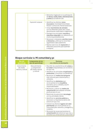 Actualización y Fortalecimiento Curricular de la Educación General Básica 2010 40 
• Demostrar imaginación en la participación 
de danzas, rondas, bailes, dramatizaciones 
y cantos de la tradición oral. 
Expresión corporal • Identificar los distintos tonos 
musculares: movilidad/inmovilidad; 
flexión/ contracción; flexión/extensión. 
• Imitar movimientos de animales 
con las diferentes partes del cuerpo, 
demostrando creatividad e imaginación. 
• Distinguir las principales nociones y 
relaciones espaciales con referencia a sí 
mismo (izquierda/derecha). 
• Reconocer e interpretar sencillos trazos 
e itinerarios y efectuar los recorridos 
siguiéndolos adecuadamente. 
• Realizar ejercicios de respiración en 
diferentes posiciones para aprender 
a relajarse. 
Ejes del 
aprendizaje 
Componentes de los 
ejes del aprendizaje 
Destrezas 
con criterios de desempeño 
Conocimiento 
del medio 
natural y cultural 
Descubrimiento 
y comprensión 
del medio natural 
y cultural 
• Describir las características del campo y 
la ciudad comparándolas con el entorno 
en que vive. 
• Identificar las principales ocupaciones y 
profesiones, y reconocer sus beneficios. 
• Reconocer los medios de transporte 
más comunes para caracterizarlos y 
utilizarlos. 
• Identificar los elementos que 
se encuentran en la vía pública, 
asociarlos con su utilidad y asumir 
responsabilidades. 
• Reconocer y valorar los medios de 
comunicación para adoptar actitudes 
positivas para su uso. 
• Relacionar el avance de la tecnología 
con las actividades diarias. 
• Identificar los servicios públicos y 
reconocer su importancia dentro del 
entorno en que vive. 
• Conocer los diversos lugares con valor 
patrimonial que se encuentran en su 
comunidad para valorarlos, protegerlos y 
cuidarlos. 
• Reconocer las causas que provocan la 
contaminación del entorno en que vive, y 
encontrar sus consecuencias y soluciones. 
Bloque curricular 4: Mi comunidad y yo 
 