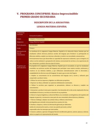 V. PROGRAMA CONCUPRISE: Básico Imprescindible
PRIMER GRADO SECUNDARIA
DESCRIPCIÓN DE LA ASIGNATURA
LENGUA MATERNA ESPAÑOL
Componente
curricular
Formación Académica
Campo Lenguaje y Comunicación
Asignatura Lengua Materna. Español
Nivel educativo SECUNDARIA
Grado Primero
Descripción del
área de
conocimiento
La enseñanza de la asignatura Lengua Materna. Español en la educación básica, fomenta que los
estudiantes utilicen diversas prácticas sociales del lenguaje para fortalecer su participación en
diferentes ámbitos, ampliar sus intereses culturales y resolver sus necesidades comunicativas.
Particularmente busca que desarrollen su capacidad de expresarse oralmente y que se integren a la
cultura escrita mediante la apropiación del sistema convencional de escritura y las experiencias de
leer, interpretar y producir diversos tipos de textos.
Propósitos por
nivel educativo
El propósito de la asignatura Lengua Materna. Español para la secundaria, es que los estudiantes
consoliden sus prácticas sociales del lenguaje para participar como sujetos sociales, autónomos y
creativos en sus distintos ámbitos, y que reflexionen sistemáticamente sobre la diversidad y
complejidad de los diversos usos del lenguaje. Se espera que en este nivel logren:
1. Ampliar su conocimiento de las características del lenguaje oral y escrito y utilizarlo para
comprender y producir textos.
2. Utilizar los acervos impresos y digitales con diferentes propósitos.
3. Expresar sus ideas y defender sus opiniones debidamente sustentadas.
4. Utilizar la escritura para organizar su pensamiento, elaborar su discurso y ampliar sus
conocimientos.
5. Interpretar y producir textos para responder a las demandas de la vida social, empleando diversas
modalidades de lectura y escritura en función de sus propósitos.
6. Valorar la riqueza lingüística y cultural de México, las variedades sociolingüísticas del español y del
lenguaje en general, y reconocerse como parte de una comunidad cultural diversa y dinámica.
7. Valorar el diálogo y adoptar una actitud crítica y reflexiva como formas
privilegiadas para entender otras perspectivas y puntos de vista.
8. Analizar, comparar y valorar la información generada por diferentes
medios de comunicación masiva, y tener una opinión personal y actitud
responsable sobre los mensajes que intercambia.
9. Conocer, analizar y apreciar el lenguaje literario de diferentes géneros, autores, épocas y culturas;
valorar su papel en la representación del mundo.
40
 
