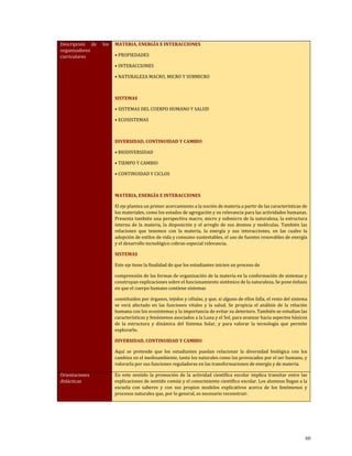 Descripción de los
organizadores
curriculares
MATERIA, ENERGÍA E INTERACCIONES
• PROPIEDADES
• INTERACCIONES
• NATURALEZA MACRO, MICRO Y SUBMICRO
SISTEMAS
• SISTEMAS DEL CUERPO HUMANO Y SALUD
• ECOSISTEMAS
DIVERSIDAD, CONTINUIDAD Y CAMBIO
• BIODIVERSIDAD
• TIEMPO Y CAMBIO
• CONTINUIDAD Y CICLOS
MATERIA, ENERGÍA E INTERACCIONES
El eje plantea un primer acercamiento a la noción de materia a partir de las características de
los materiales, como los estados de agregación y su relevancia para las actividades humanas.
Presenta también una perspectiva macro, micro y submicro de la naturaleza, la estructura
interna de la materia, la disposición y el arreglo de sus átomos y moléculas. También las
relaciones que tenemos con la materia, la energía y sus interacciones, en las cuales la
adopción de estilos de vida y consumo sustentables, el uso de fuentes renovables de energía
y el desarrollo tecnológico cobran especial relevancia.
SISTEMAS
Este eje tiene la finalidad de que los estudiantes inicien un proceso de
comprensión de las formas de organización de la materia en la conformación de sistemas y
construyan explicaciones sobre el funcionamiento sistémico de la naturaleza. Se pone énfasis
en que el cuerpo humano contiene sistemas
constituidos por órganos, tejidos y células, y que, si alguno de ellos falla, el resto del sistema
se verá afectado en las funciones vitales y la salud. Se propicia el análisis de la relación
humana con los ecosistemas y la importancia de evitar su deterioro. También se estudian las
características y fenómenos asociados a la Luna y el Sol, para avanzar hacia aspectos básicos
de la estructura y dinámica del Sistema Solar, y para valorar la tecnología que permite
explorarlo.
DIVERSIDAD, CONTINUIDAD Y CAMBIO
Aquí se pretende que los estudiantes puedan relacionar la diversidad biológica con los
cambios en el medioambiente, tanto los naturales como los provocados por el ser humano, y
valorarla por sus funciones reguladoras en las transformaciones de energía y de materia.
Orientaciones
didácticas
En este sentido la promoción de la actividad científica escolar implica transitar entre las
explicaciones de sentido común y el conocimiento científico escolar. Los alumnos llegan a la
escuela con saberes y con sus propios modelos explicativos acerca de los fenómenos y
procesos naturales que, por lo general, es necesario reconstruir.
60
 