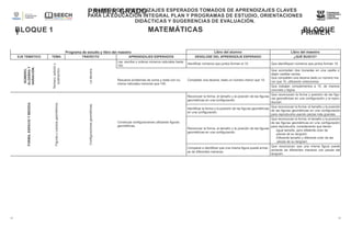 PRIMER GRADO
BLOQUE
1
MAPEOS DE APRENDIZAJES ESPERADOS TOMADOS DE APRENDIZAJES CLAVES
PARA LA EDUCACIÓN INTEGRAL PLAN Y PROGRAMAS DE ESTUDIO, ORIENTACIONES
DIDÁCTICAS Y SUGERENCIAS DE EVALUACIÓN.
MATEMÁTICAS
BLOQUE 1 PRIMER
GRADO
M
A
P
E
O
S
D
E
A
P
R
E
N
D
I
Z
A
J
E
S
E
S
P
E
R
A
D
O
S
T
O
M
A
D
O
S
D
E
17 17
Programa de estudio y libro del maestro Libro del alumno Libro del maestro
EJE TEMÁTICO TEMA TRAYECTO APRENDIZAJES ESPERADOS DESGLOSE DEL APRENDIZAJE ESPERADO ¿QUÉ BUSCO?
NÚMERO,
ÁLGEBRA
Y
VARIACIÓN.
Número,
adición
y
sustracción.
La
decena.
Lee, escribe y ordena números naturales hasta
100.
Identificar números que juntos forman el 10. Que identifiquen números que juntos forman 10.
Resuelve problemas de suma y resta con nú-
meros naturales menores que 100.
Completar una decena, dado un número menor que 10.
Que acomoden dos monedas en una casilla o
dejen casillas vacías.
Que completen una decena dado un número me-
nor que 10, utilizando colecciones.
Que trabajen complementos a 10, de manera
concreta y lógica.
FORMA,
ESPACIO
Y
MEDIDA.
Figuras
y
cuerpos
geométricos.
Configuraciones
geométricas.
Construye configuraciones utilizando figuras
geométricas.
Reconocer la forma, el tamaño y la posición de las figuras
geométricas en una configuración.
Que reconozcan la forma y posición de las figu-
ras geométricas en una configuración y la repro-
duzcan.
Identificar la forma y la posición de las figuras geométricas
en una configuración.
Que reconozcan la forma, el tamaño y la posición
de las figuras geométricas en una configuración
para reproducirla usando piezas más grandes.
Reconocer la forma, el tamaño y la posición de las figuras
geométricas en una configuración.
Que reconozcan la forma, el tamaño y la posición
de las figuras geométricas en una configuración
para reproducirla, considerando que tienen:
-Igual tamaño, pero difetente color de
-piezas de su tangram.
-Diferente tamaño y diferente color de las
piezas de su tangram.
Comparar e identificar que una misma figura puede armar-
se de diferentes maneras.
Que reconozcan que una misma figura puede
armarse de diferentes maneras con piezas del
tangram.
 