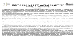 5 5
MAPEO CURRICULAR NUEVO MODELO EDUCATIVO 2017
MATEMÁTICAS EN LA EDUCACIÓN BÁSICA
PRIMER GRADO
En todo este proceso la tarea del profesor es fundamental, pues a él le corresponde seleccionar y adecuar los problemas que propondrá a los estudiantes. Es el profesor quien los orga-
niza para el trabajo en el aula, promueve la reflexión sobre sus hipótesis a través de preguntas y contraejemplos, y los impulsa a buscar nuevas explicaciones o nuevos procedimientos.
Además, debe promover y coordinar la discusión sobre las ideas que elaboran los estudiantes acerca de las situaciones planteadas, para que logren explicar el porqué de sus respuestas
y reflexionen acerca de su aprendizaje.
Por otra parte, el profesor debe participar en las tareas que se realizan en el aula como fuente de información, para aclarar confusiones y vincular conceptos y procedimientos surgidos
en los estudiantes con el lenguaje convencional y formal de las matemáticas.
Visto así, el estudio de las matemáticas representa también un escenario muy favorable para la formación ciudadana y para el fortalecimiento de la lectura y escritura, porque privilegia
la comunicación, el trabajo en equipo, la búsqueda de acuerdos y argumentos para mostrar que un procedimiento o resultado es correcto o incorrecto, así como la disposición de escu-
char y respetar las ideas de los demás y de modificar las propias.
Todo esto hace que la evaluación se convierta en un aspecto de mayor complejidad, tanto por sus implicaciones en el proceso de estudio como por lo que significa para la autoestima
del estudiante.
Es por ello que la evaluación no debe circunscribirse a la aplicación de exámenes en momentos fijos del curso, sino que debe ser un medio que permita al profesor y al estudiante co-
nocer las fortalezas y debilidades surgidas en el proceso de aprendizaje. Esto se logra con la observación del profesor al trabajo en el aula, con la recopilación de datos que le permitan
proponer tareas para apuntalar donde encuentre fallas en la construcción del conocimiento.115 En conclusión, la evaluación debe permitir mejorar los factores que intervienen en el
proceso didáctico.
Por otra parte, la transversalidad de la resolución de problemas en los programas de matemáticas no significa que todos y cada uno de los temas deban tratarse con esta perspectiva,
pues existen contenidos cuyo aprendizaje puede resultar muy complicado si se abordan a partir de situaciones problemáticas —por ejemplo, algunas reglas de transformación de ex-
presiones algebraicas—.
No se debe olvidar que la aplicación de las matemáticas se da en muchos ámbitos que no necesariamente corresponden a la vida cotidiana de los estudiantes, pero que pueden propi-
ciar la construcción de estrategias y conocimientos matemáticos, como en cierto tipo de juegos o algunas situaciones relacionadas con la fantasía.
Mediante actividades que utilizan herramientas tecnológicas es posible promover en los estudiantes la exploración de ideas y conceptos matemáticos, así como el análisis y modelación
de fenómenos y situaciones problemáticas. Las herramientas de uso más frecuente en el diseño de actividades para el aprendizaje en matemáticas son las hojas electrónicas de cálculo,
los manipuladores simbólicos y los graficadores. El software de uso libre Geogebra conjuga las características de los programas anteriores, lo cual permite trabajar con distintas repre-
sentaciones dinámicas de conceptos y situaciones, como la representación gráfica, la numérica y la algebraica. Una de las potencialidades didácticas de los programas mencionados es
que dichas representaciones están dinámicamente vinculadas entre sí. Por medio de una selección adecuada de actividades disponibles en internet, diseñadas con esas herramientas
y con otras aplicaciones digitales, el profesor puede incorporar su uso en la clase de matemáticas cuando el plantel cuente con la infraestructura necesaria.
 