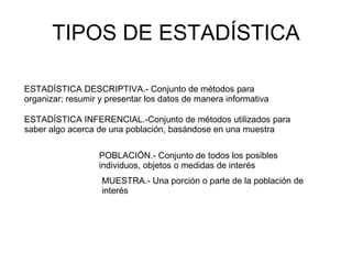 TIPOS DE ESTADÍSTICA ESTADÍSTICA DESCRIPTIVA.- Conjunto de métodos para organizar; resumir y presentar los datos de manera informativa  ESTADÍSTICA INFERENCIAL.-Conjunto de métodos utilizados para saber algo acerca de una población, basándose en una muestra POBLACIÓN.- Conjunto de todos los posibles individuos, objetos o medidas de interés MUESTRA.- Una porción o parte de la población de interés 