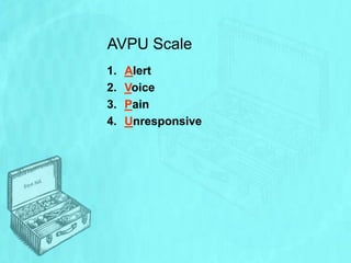 AVPU Scale
1. Alert
2. Voice
3. Pain
4. Unresponsive
 