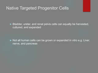 Native Targeted Progenitor Cells
 Bladder, ureter, and renal pelvis cells can equally be harvested,
cultured, and expanded
 Not all human cells can be grown or expanded in vitro e.g. Liver,
nerve, and pancreas
 