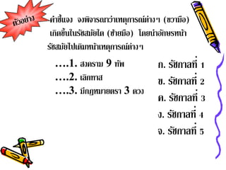 คาช้ แจง จงพจารณาว่าเหตการณต่างๆ (ขวามือ)
   ํ ี         ิ           ุ    ์
 เกิดขึ้นในรัชสมัยใด (ซายมือ) โดยนําอักษรหน้า
                       ้
รัชสมัยไปเติมหน้าเหตุการณ์ต่างๆ
  ….1. สงคราม 9 ทัพ               ก. รชกาลท่ี 1
                                         ั
  ….2. เลิกทาส                    ข. รชกาลท่ี 2
                                       ั
  ….3. มีกฎหมายตรา 3 ดวง
                                  ค. รชกาลท่ี 3
                                           ั
                                  ง. รัชกาลที่ 4
                                  จ. รัชกาลที่ 5
 