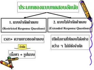 ประเภทของแบบทดสอบอัตนัย
    1. แบบจํากัดคําตอบ             2. แบบไม่จากัดคําตอบ
                                             ํ
(Restricted Response Questions) (Extended Response Questions)

เวลา+ ความยาวของคําตอบ            เปิ ดโอกาสให้ตอบได้อย่าง
           จํากัด                 กว้าง ๆ ไม่มีขอจํากัด
                                                ้
    เนื้อหา + รูปแบบ
 