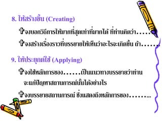 8. ให้สร้างขึ้น (Creating)
  จงบอกวิธีการให้มากที่สดเท่าที่มากได้ ท่ีท่านคดว่า……..
                         ุ                       ิ
  จงสรางเรองราวที่บรรยายใหเ้ ห็นว่าอะไรจะเกดข้ น ถา…….
       ้ ื่                                    ิ ึ ้
9. ให้ประยุกต์ใช้ (Applying)
  จงใช้หลักการของ……เป็ นแนวทางบรรยายว่าท่าน
   จะแก้ปัญหาสถานการณ์นนได้อย่างไร
                         ั้
                       ่
  จงบรรยายสถานการณ์ ซึงแสดงถึงหลักการของ……...
 