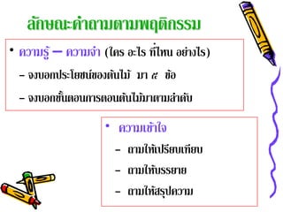 ลักษณะคําถามตามพฤติกรรม
• ความรู ้ – ความจํา (ใคร อะไร ที่ไหน อย่างไร)
  - จงบอกประโยชน์ของต้นไม้ มา ๕ ขอ
                                 ้
  - จงบอกขนตอนการตอนตนไมมาตามลาดบ
          ั้            ้ ้        ํ ั
                     • ความเข้าใจ
                        - ถามให้เปรียบเทียบ
                        - ถามให้บรรยาย
                        - ถามให้สรุปความ
 