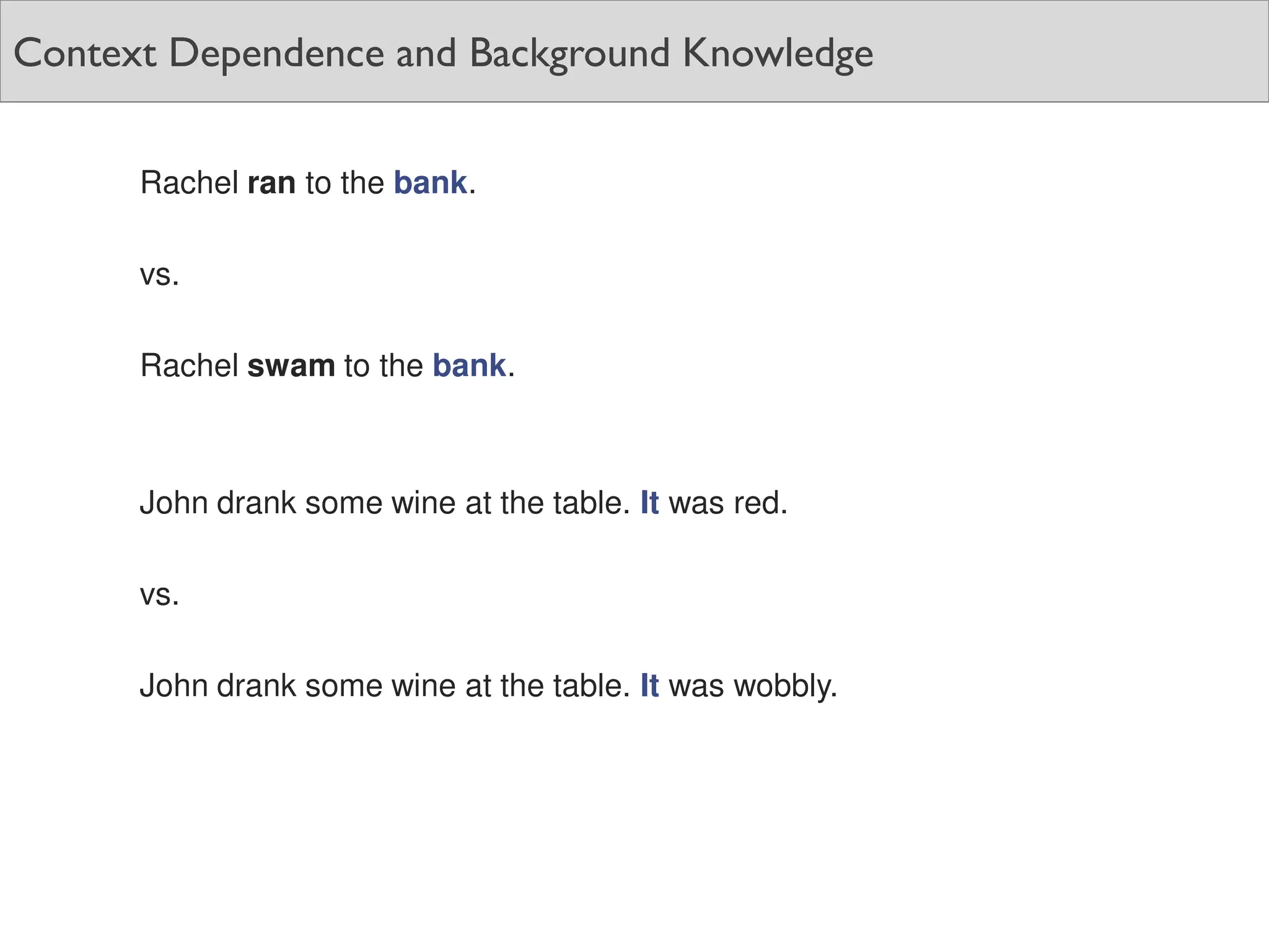 Context Dependence and Background Knowledge
Rachel ran to the bank.
vs.
Rachel swam to the bank.
John drank some wine at the table. It was red.
vs.
John drank some wine at the table. It was wobbly.
 