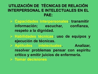 UTILIZACIÓN DE TÉCNICAS DE RELACIÓN
INTERPERSONAL E INTELECTUALES EN EL
PAE:
 Capacidades interpersonales: transmitir
información; escuchar, confianza,
respeto a la dignidad.
 Habilidades técnicas: uso de equipos y
ejecución de técnicas.
 Aptitudes intelectuales. Analizar,
resolver problemas pensar con espíritu
critico y emitir juicios de enfermería.
 Tomar decisiones
 