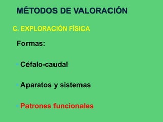 Formas:
 Céfalo-caudal
 Aparatos y sistemas
 Patrones funcionales
MÉTODOS DE VALORACIÓN
C. EXPLORACIÓN FÍSICA
 