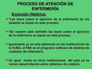 *Las leyes sobre el ejercicio de la enfermería de los
estados se basan en este proceso.
*En nuestro país también las leyes sobre el ejercicio
de la enfermería se basan en este proceso.
Igualmente ya se está aplicando en las instituciones de
la HJBG, el PAE en el programa software de sistema de
cuidados de enfermería.
De igual modo en otras instituciones del país ya se
vienen desarrollando estos sistemas de cuidado.
PROCESO DE ATENCIÓN DE
ENFERMERÍA
Evolución Histórica:
 