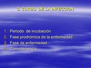 3. CURSO DE LA INFECCION
1. Periodo de incubación
2. Fase prodrómica de la enfermedad
3. Fase de enfermedad
4. Convalecencia.
 