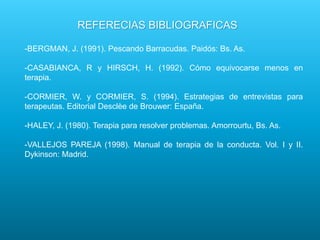 REFERECIAS BIBLIOGRAFICAS
-BERGMAN, J. (1991). Pescando Barracudas. Paidós: Bs. As.
-CASABIANCA, R y HIRSCH, H. (1992). Cómo equivocarse menos en
terapia.
-CORMIER, W. y CORMIER, S. (1994). Estrategias de entrevistas para
terapeutas. Editorial Desclèe de Brouwer: España.
-HALEY, J. (1980). Terapia para resolver problemas. Amorrourtu, Bs. As.
-VALLEJOS PAREJA (1998). Manual de terapia de la conducta. Vol. I y II.
Dykinson: Madrid.
 
