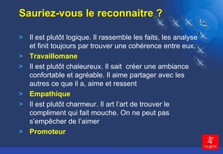 12 
Sauriez-vous le reconnaitre ? 
> Il est plutôt logique. Il rassemble les faits, les analyse 
et finit toujours par trouver une cohérence entre eux. 
> Travaillomane 
> Il est plutôt chaleureux. Il sait créer une ambiance 
confortable et agréable. Il aime partager avec les 
autres ce que il a, aime et ressent 
> Empathique 
> Il est plutôt charmeur. Il art l’art de trouver le 
compliment qui fait mouche. On ne peut pas 
s’empêcher de l’aimer 
> Promoteur 
 