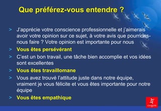 14 
Que préférez-vous entendre ? 
> J’apprécie votre conscience professionnelle et j’aimerais 
avoir votre opinion sur ce sujet, à votre avis que pourrions-nous 
faire ? Votre opinion est importante pour nous 
> Vous êtes persévérant 
> C’est un bon travail, une tâche bien accomplie et vos idées 
sont excellentes 
> Vous êtes travaillomane 
> Vous avez trouvé l’attitude juste dans notre équipe, 
vraiment je vous félicite et vous êtes importante pour notre 
équipe 
> Vous êtes empathique 
 