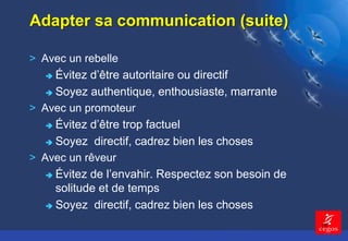 18 
Adapter sa communication (suite) 
> Avec un rebelle 
 Évitez d’être autoritaire ou directif 
 Soyez authentique, enthousiaste, marrante 
> Avec un promoteur 
 Évitez d’être trop factuel 
 Soyez directif, cadrez bien les choses 
> Avec un rêveur 
 Évitez de l’envahir. Respectez son besoin de 
solitude et de temps 
 Soyez directif, cadrez bien les choses 
 