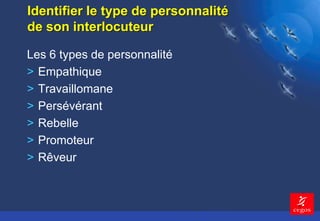 5 
Identifier le type de personnalité 
de son interlocuteur 
Les 6 types de personnalité 
> Empathique 
> Travaillomane 
> Persévérant 
> Rebelle 
> Promoteur 
> Rêveur 
 
