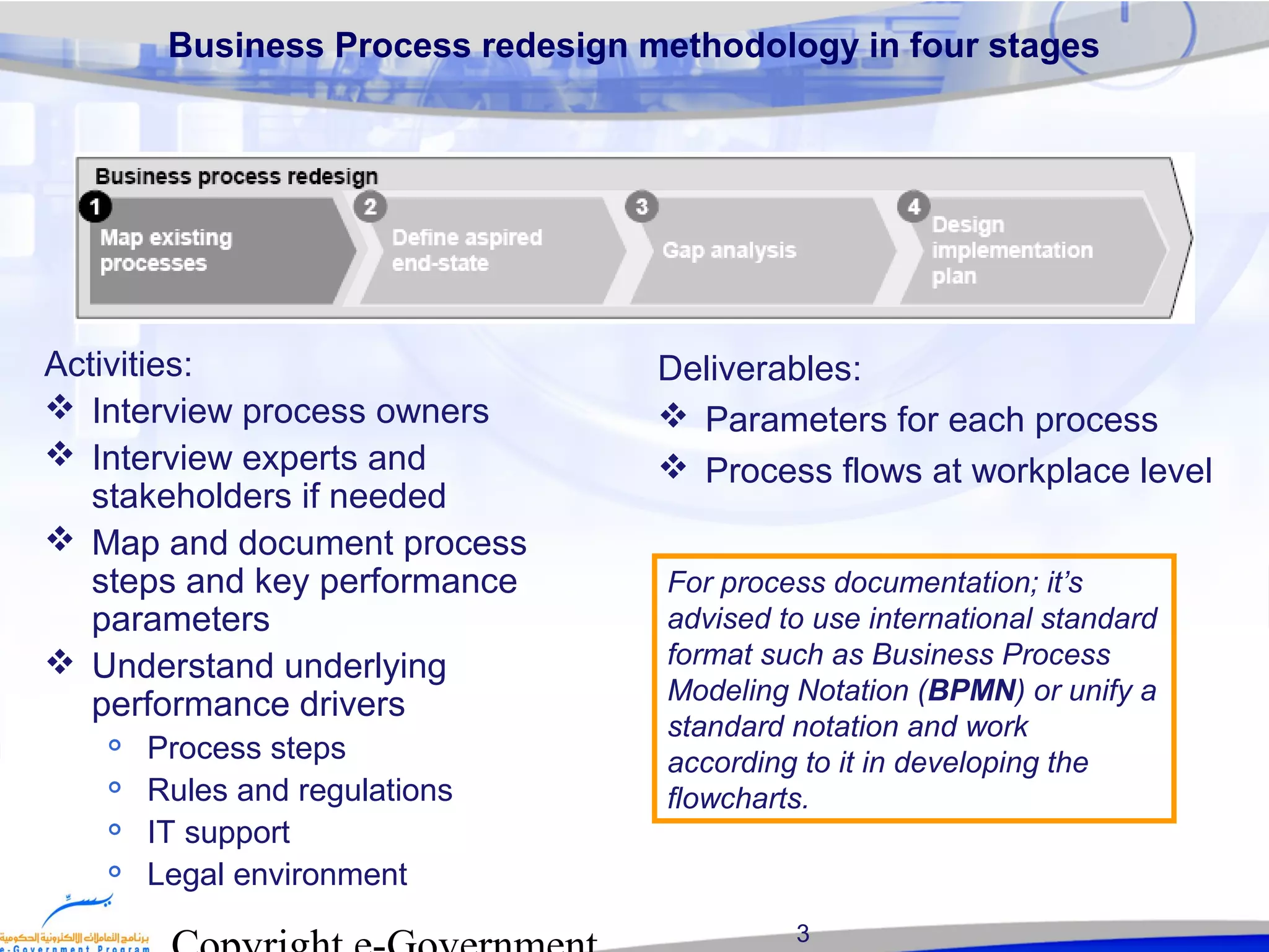 3
Business Process redesign methodology in four stages
Activities:
 Interview process owners
 Interview experts and
stakeholders if needed
 Map and document process
steps and key performance
parameters
 Understand underlying
performance drivers

Process steps

Rules and regulations

IT support

Legal environment
Deliverables:
 Parameters for each process
 Process flows at workplace level
For process documentation; it’s
advised to use international standard
format such as Business Process
Modeling Notation (BPMN) or unify a
standard notation and work
according to it in developing the
flowcharts.
 