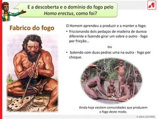 E a descoberta e o domínio do fogo pelo
              Homo erectus, como foi?

                       O Homem aprendeu a produzir e a manter o fogo:
Fabrico do fogo        • friccionando dois pedaços de madeira de dureza
                         diferente e fazendo girar um sobre o outro - fogo
                         por fricção…
                                                 ou
                       • batendo com duas pedras uma na outra - fogo por
                         choque.




                              Ainda hoje existem comunidades que produzem
                                            o fogo deste modo.
 
