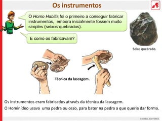 Os instrumentos
            O Homo Habilis foi o primeiro a conseguir fabricar
            instrumentos, embora inicialmente fossem muito
            simples (seixos quebrados).

             E como os fabricavam?

                                                                  Seixo quebrado.




                          Técnica da lascagem.




Os instrumentos eram fabricados através da técnica da lascagem.
O Hominídeo usava uma pedra ou osso, para bater na pedra a que queria dar forma.
 